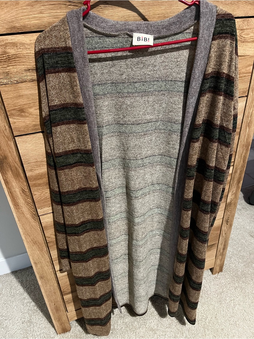 BiBi Brown & Green Striped Open Cardigan with Gray Trim NWOT